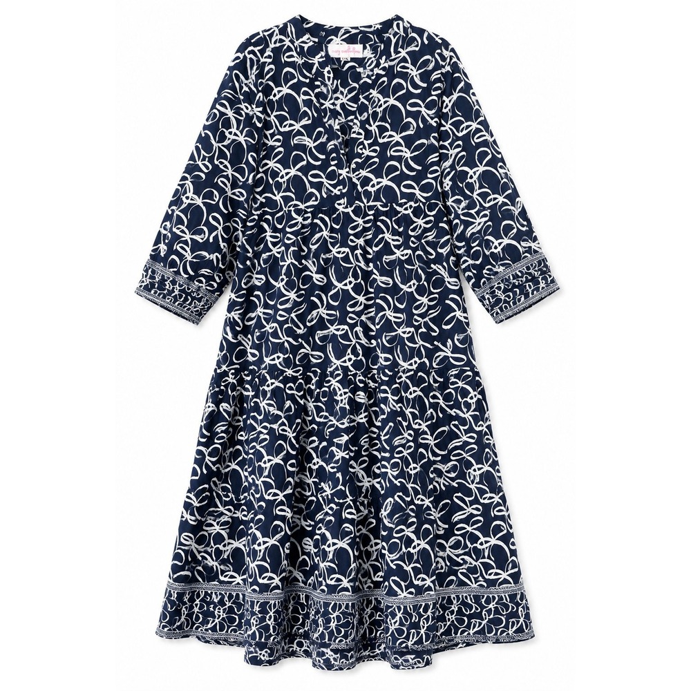 Mary Marshmallow Dress L/XL Navy White Cotton Tiered Boho Resort Midi Pockets